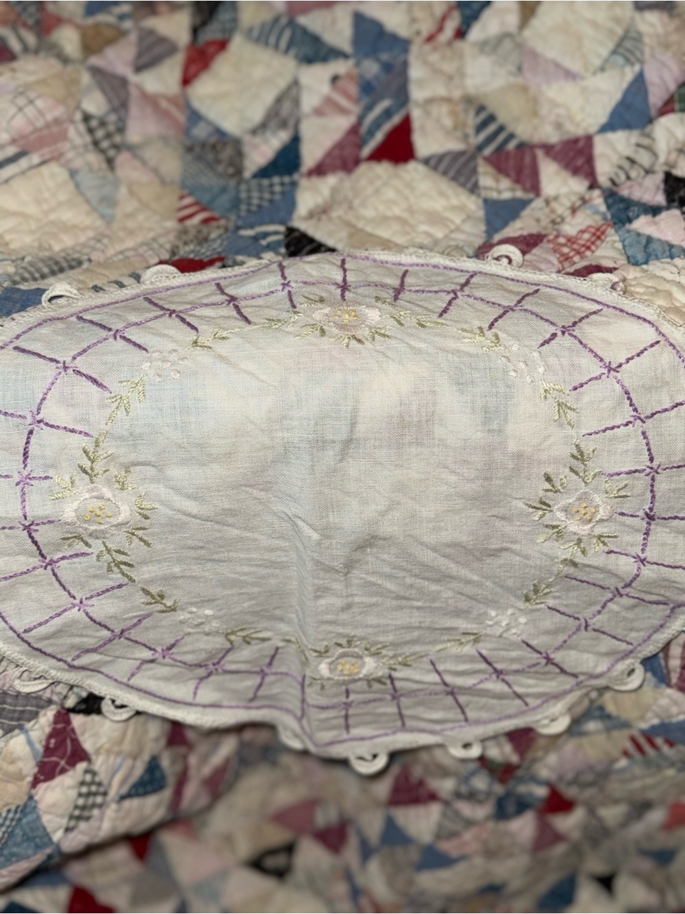 Embroidered Round Linen Doily with Floral Motif